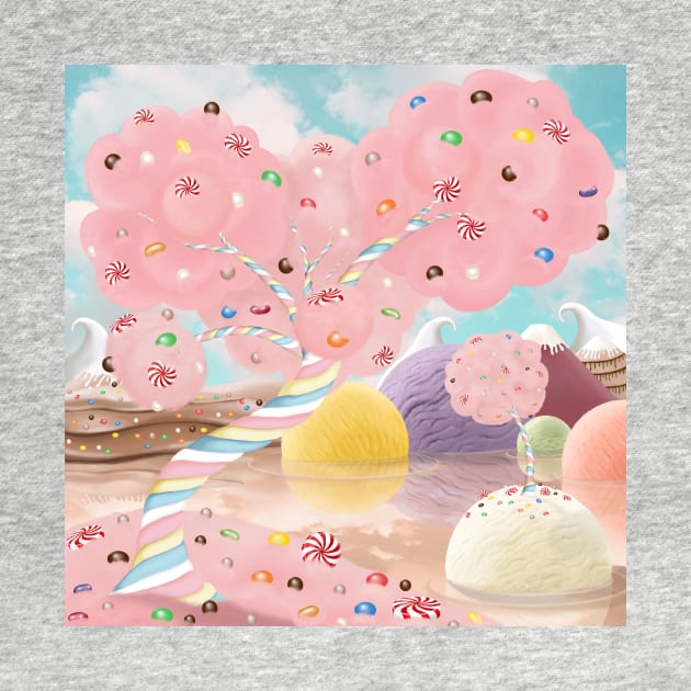 Candy land fantasy background. Sweets world landscape. Marshmallow tree, chocolate milk river, ice cream islands by likapix